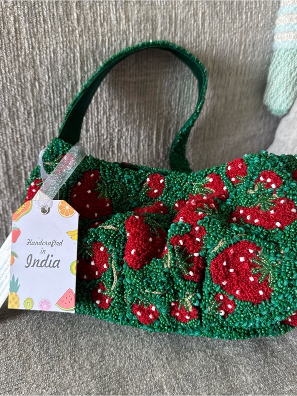 Handcrafted Green Beaded Strawberry-Embellished Bag